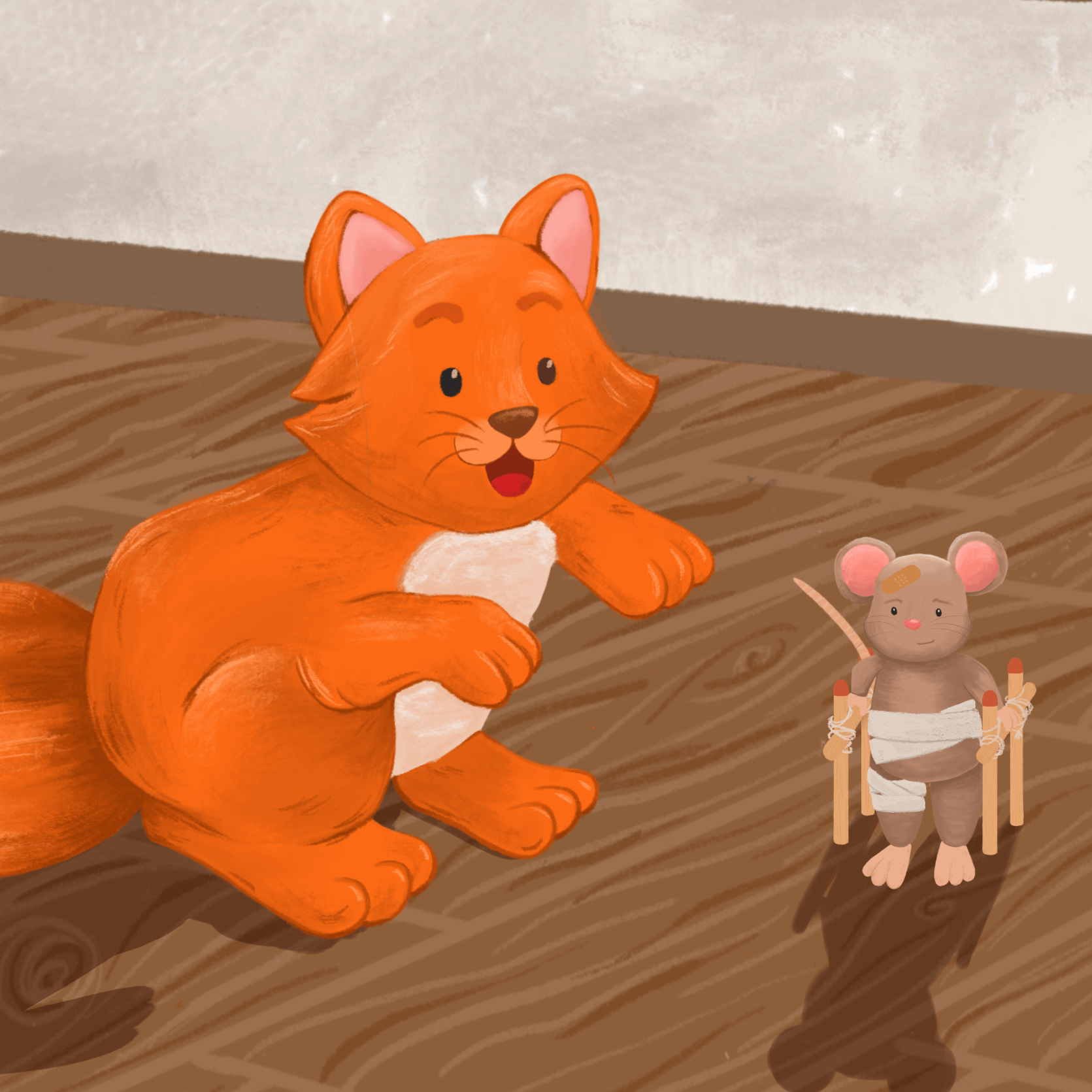 Maus_mit_Krücken Die Illustration eines roten Katers, und einer Maus. Die Maus hat einen Verband am Körper und geht mit Krücken aus Streichhölzern.
